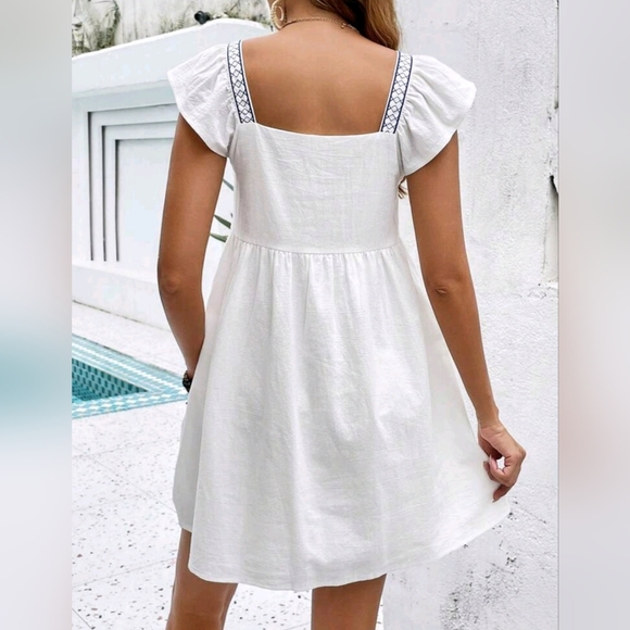 New Boho Embroidered Floral Babydoll Dress Smock White Blue - Picture 2 of 7